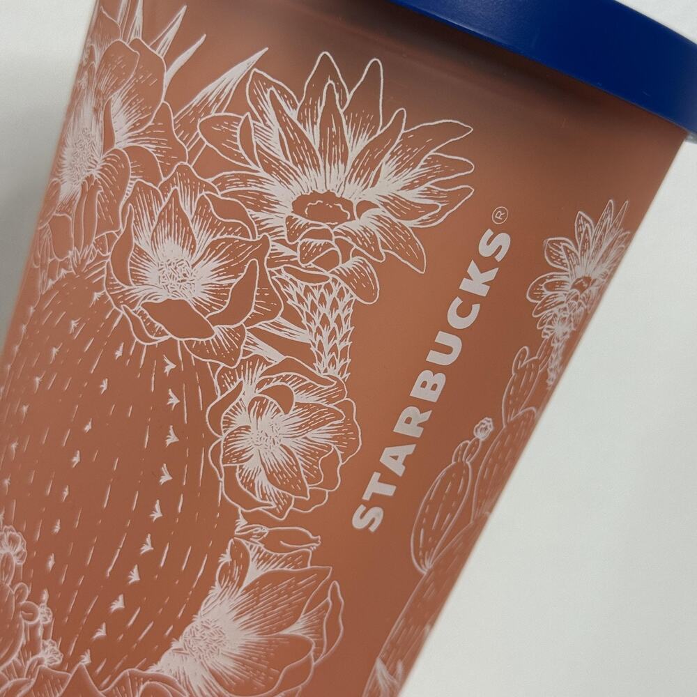 Starbucks Cold Cup Tumbler 24 oz Cactus Floral Orange with Blue Lid Reusable